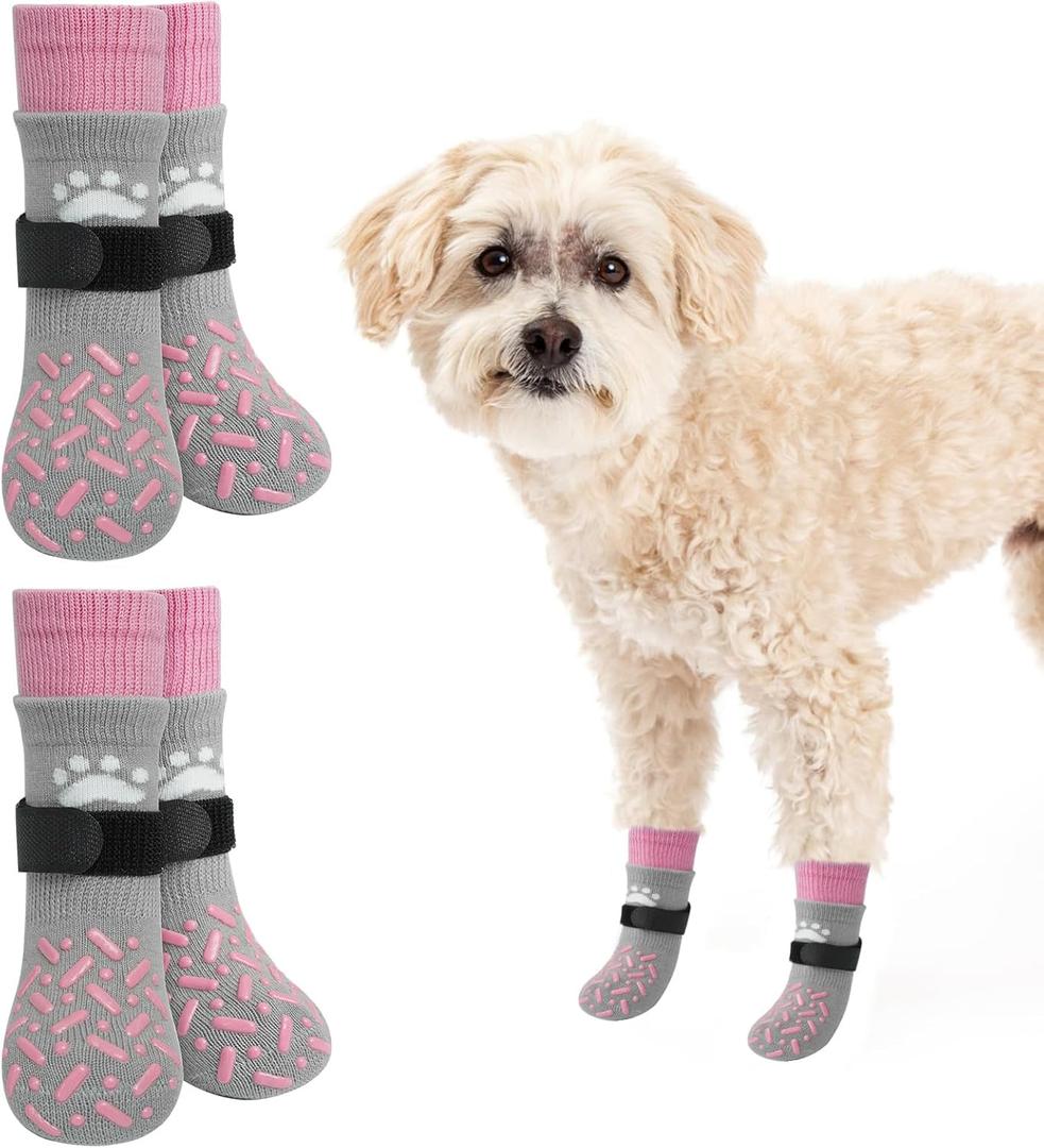 SCENEREAL Dog Socks to Prevent Licking Paws for Hot/Cold Pavement, Anti Slip Long Dog Grip Socks for Hardwood Floors, Dog Shoes Booties&Paw Protector for Small Medium Large Senior Dog, Pink XS (XS(Pack of 4), Classic Style-Pink)