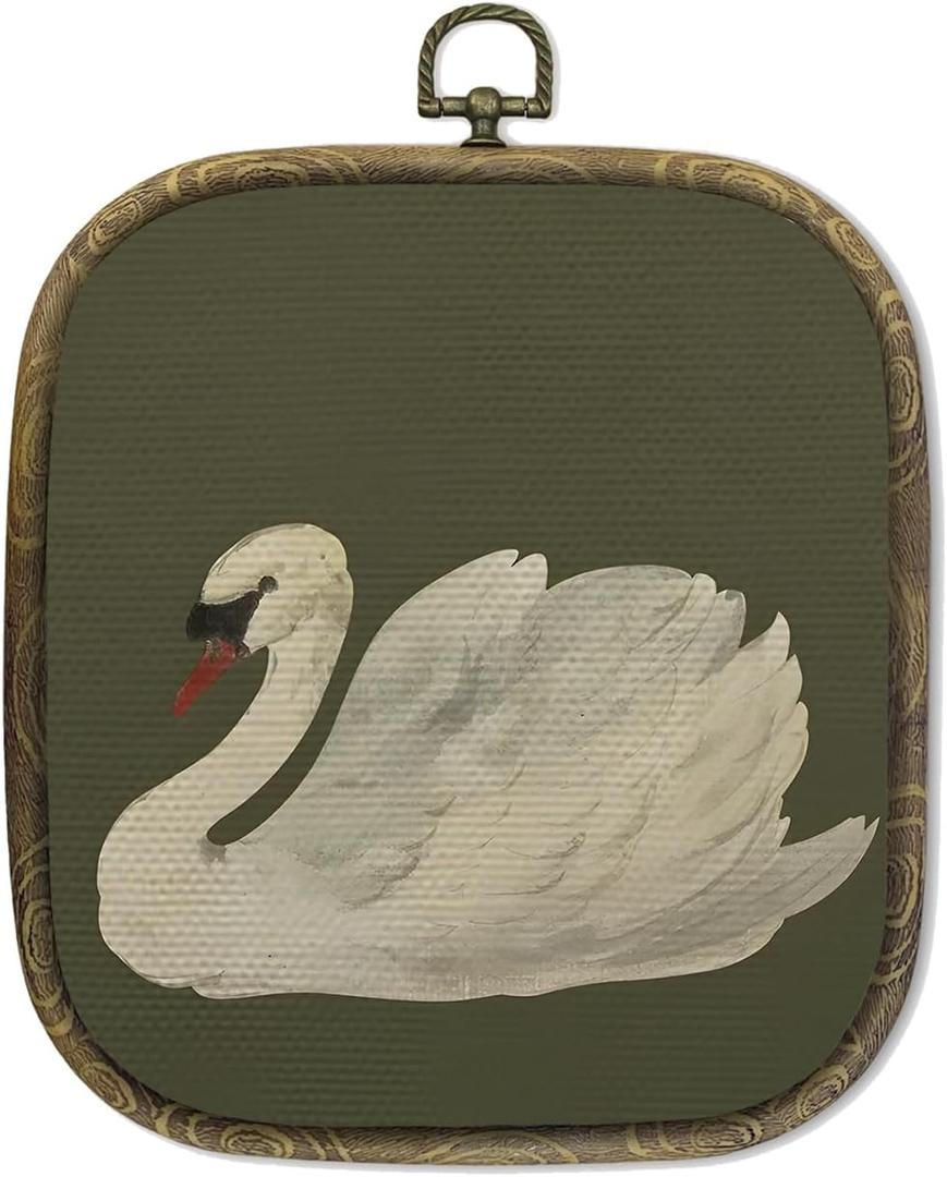 SAFDSGFDB Vintage Swan Olive Green Wall Art Decor 5.7 x 6.5 Inch, Sage Green Moody Antique Elegant White Swan Animal Hanging Framed Canvas Prints Poster Wall Decor for Home Bedroom Living Room