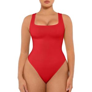 FeelinGirl Bodysuits for Women Seamless Square Neck Tummy Control Compression Thong Shapewear Bodysuit Tank Tops Bodysuit (Medium-Large, Rust Red)