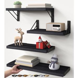 BAYKA Wall Mounted Floating Shelves, Wood Floating Wall Shelf for Books & Decor, Small Space-Saving Display & OrganizerBlackSet of 4