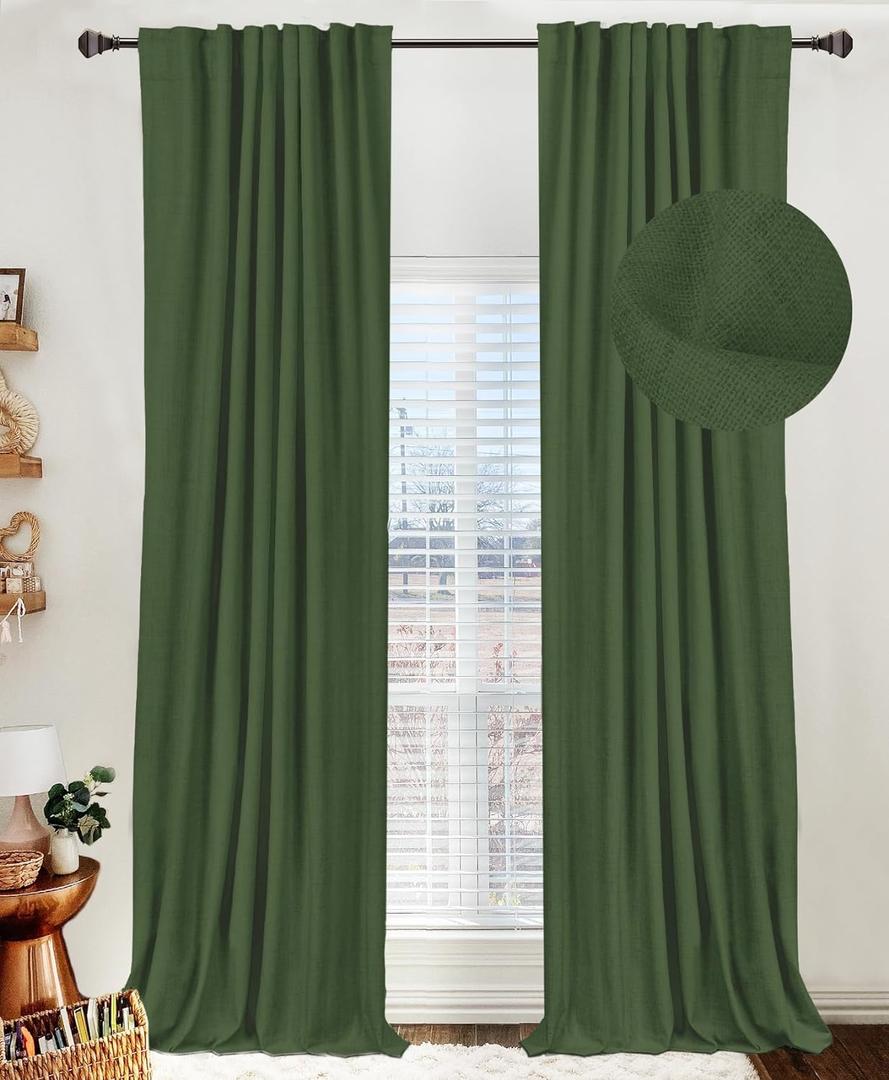 100% Blackout Shield Linen Blackout Curtains for Bedroom 90 Inches Long, Back Tab/Rod Pocket Living Room Drapes, Thermal Insulated Blackout Curtains 2 Panels Set, 50" W x 90" L, Moss Green