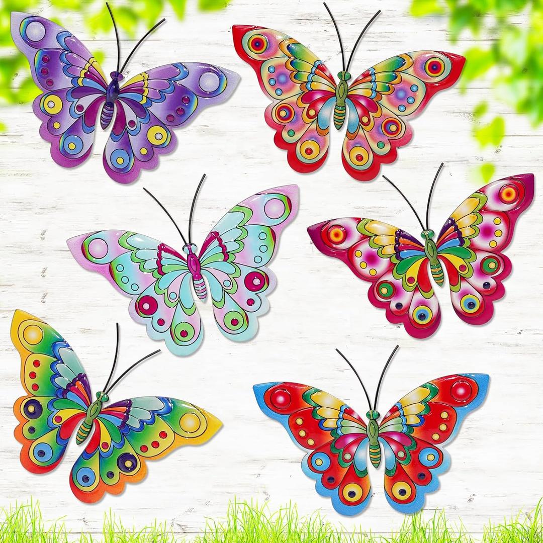 YOADEHOA 6Pcs Metal Butterfly Wall Decor, 3D Colorful Outdoor Fence Wall Art Decor, Hanging Wall Art Decoration for Garden Yard Living Room Bedroom Patio Balcon (Butterfly A)