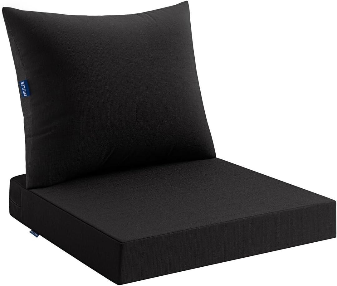MIULEE Black Outdoor Chair Cushion 22x22 Inch for Patio Furniture Linen Textured Waterproof & 3 Year Color Fastness Seat and Back Couch Cushion with Ties No Slip Design