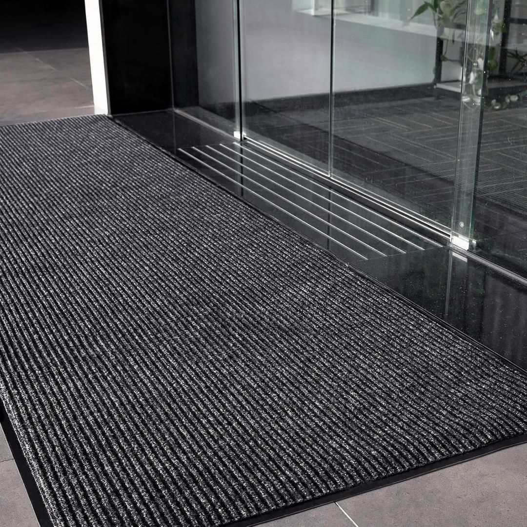 Front Door Mat, 3' x 5' Heavy Duty Door Mat Outside Entrance, Non-Slip Welcome Mat, Absorbent & Dirt Resistant, Low Profile Large Door Mats, Commercial Rugs for Entryway Indoor Outdoor, Grey