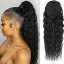 Datanala Brazilian Remy Water Wave Ponytail Extensions 24Inch Human Hair Drawstring Ponytail Extension Clip in Hair Extensions Nature Black Color for Black Women (24Inch/WW PY)