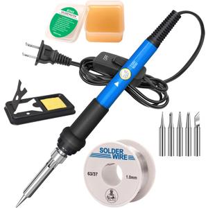 LDK 60W Soldering Iron Kit, 110V Soldering Iron with 5 Solder Tips, Solder Wire, Adjustable Temperature Solder Welding Tools, Fast Heating, Electronic Repair, Permanent Jewelry Starter Kit (Blue)
