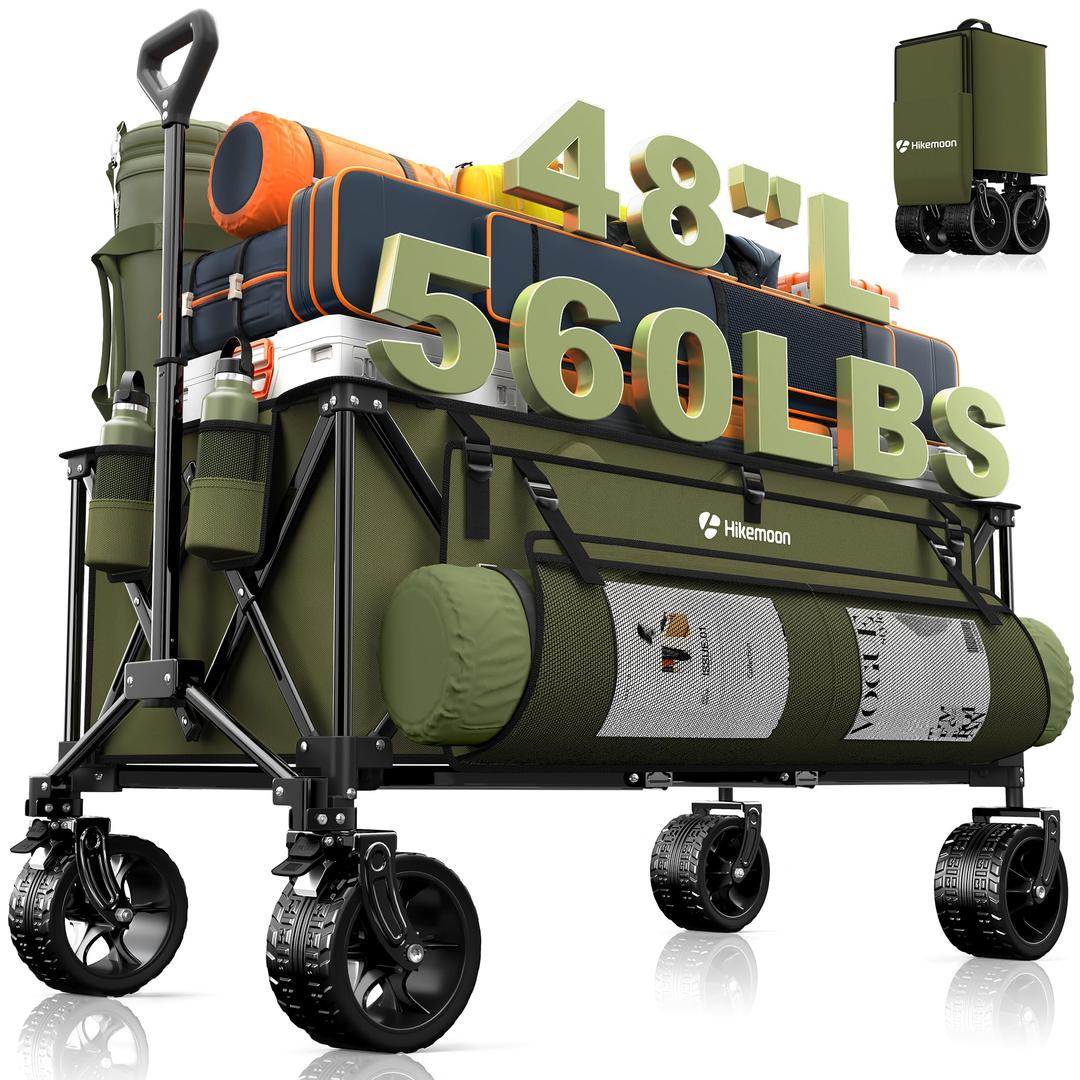 Hikemoon 300L Extra Large Wagons Carts Foldable, 560LBS Heavy Duty Collapsible Beach Wagon 48" Long with Big All-Terrain Wheels, Utility Folding Cart for Camping, Grocery, Sports, Garden, Blue & Grey