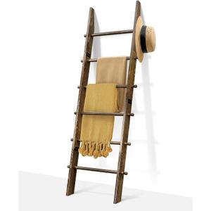 TEAKMAMA 6-Tier Blanket Ladder with Hanging Knobs,5.5 Ft Wall Leaning Blanket Ladders for Living Room Bedroom,Rustic Decorative Storage for Quilts,Throws,Easy to Assemble,Rustic Brown