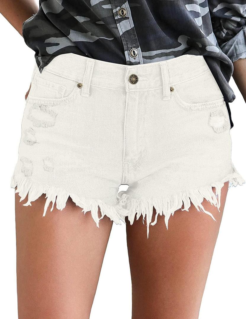 luvamia Women Casual High Waisted Denim Shorts Frayed Raw Hem Ripped Jeans Shorts (Small, A1 White)