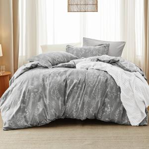 Bedsure Queen Comforter Set - Grey Bed Set, 3 Pieces Cute Floral Bedding, 1 Soft Reversible Botanical Flowers Comforter and 2 Pillow Shams