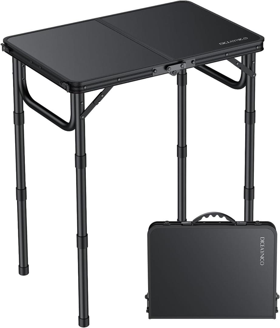 Folding Camping Table, 22" x 15" Picnic Table with 3 Adjustable Height Max 27.5", Matte Black Aluminum Folding Table with Handle for Party, Dining, Garden, Patio, Market