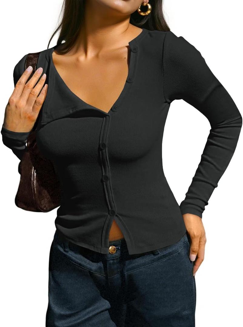 Fisoew Womens Long Sleeve Crop Tops Casual Button Down Shirts Slim Fit Y2k Going Out Ribbed Knit Shirts (Black)