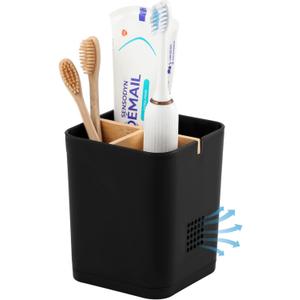 Electric Toothbrush Holder 3 Slots Tooth Brushing Holder with Bamboo Dividers for Bathrooms, Plastic Toothbrush and Toothpaste Organizer for Shower, Countertop, Vanity, Black (Small (3 Slots))