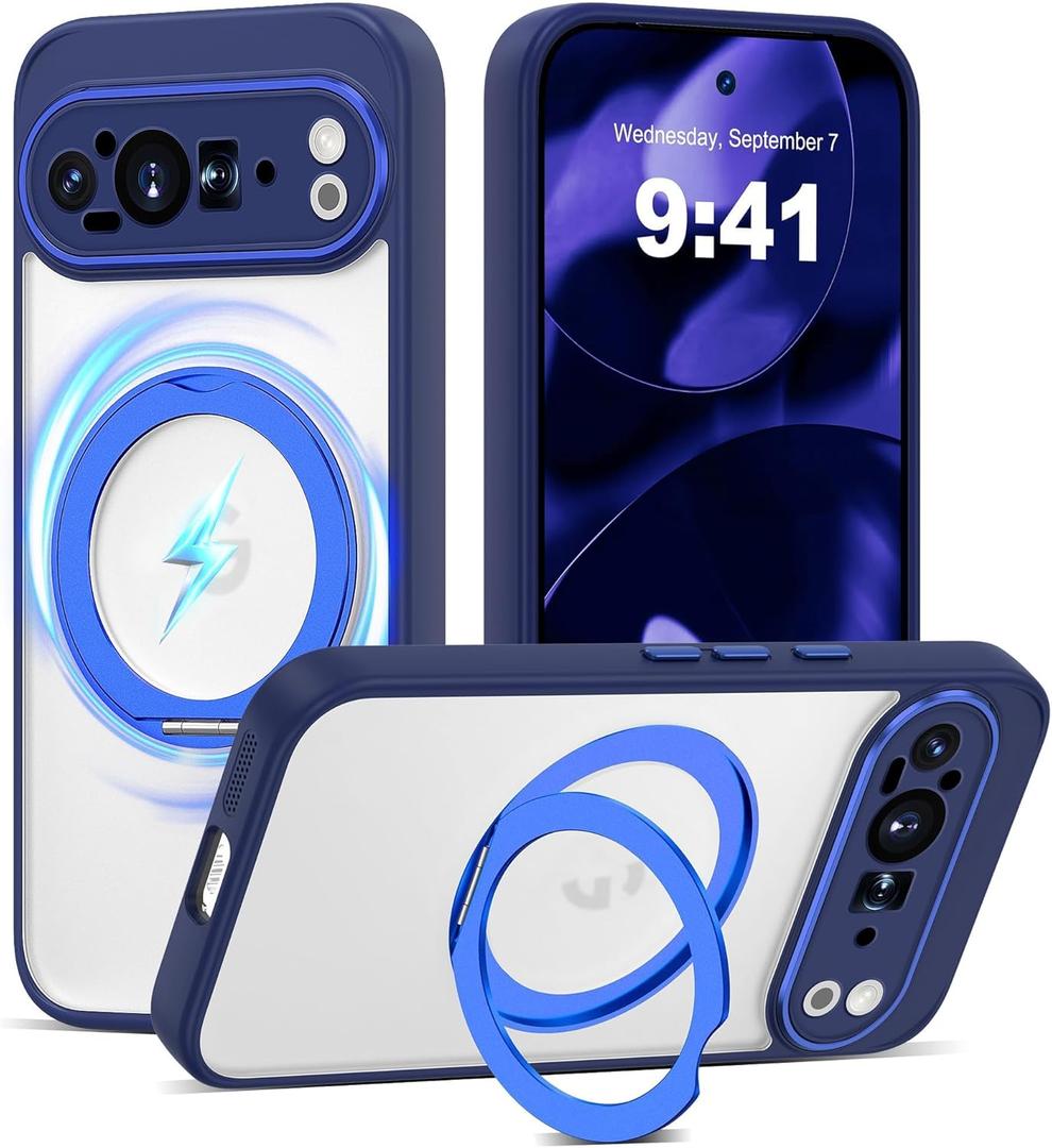 Compatible with Google Pixel 9 Pro Case with 360 Magnetic Stand [Compatible with Mag-Safe ] Shockproof Translucent Phone Case for Google Pixel 9 Pro 6.3 inches,Blue