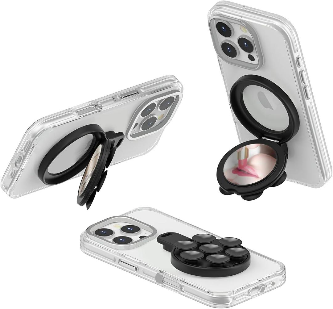 BAISRKE Magnetic Phone Holder- Strong Suction Cup Grip, 360 Rotating Stand with Mirror & Wrist Strap, Hands-Free for iPhone 17/16 Pro Max/Android, Sticks to Tile/Glass/Marble (Black)