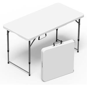VSOAEIL Folding Table 4 Foot for Indoor Outdoor, Portable Heavy Duty Fold-in-Half Utility Small Plastic Adjustable Height Folding with Carrying Handle for Picnic and Party, White, 4 FT - 1 PACK