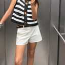 Locachy Women's Gold Button Down Striped Sweater Vests Crew Neck Sleeveless Knit Crop Tank Tops Black XL