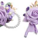 Vintage Violet Purple Wrist Corsage and Boutonniere Soft Touch Foam Rose for Wedding Prom Flower Anniversary Homecoming Event 1 Pairs S1&X1-Z