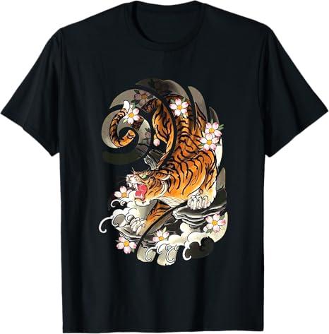 Vintage Japanese Tiger Traditional Asian Cherry Blossom Art T-Shirt, Size XL