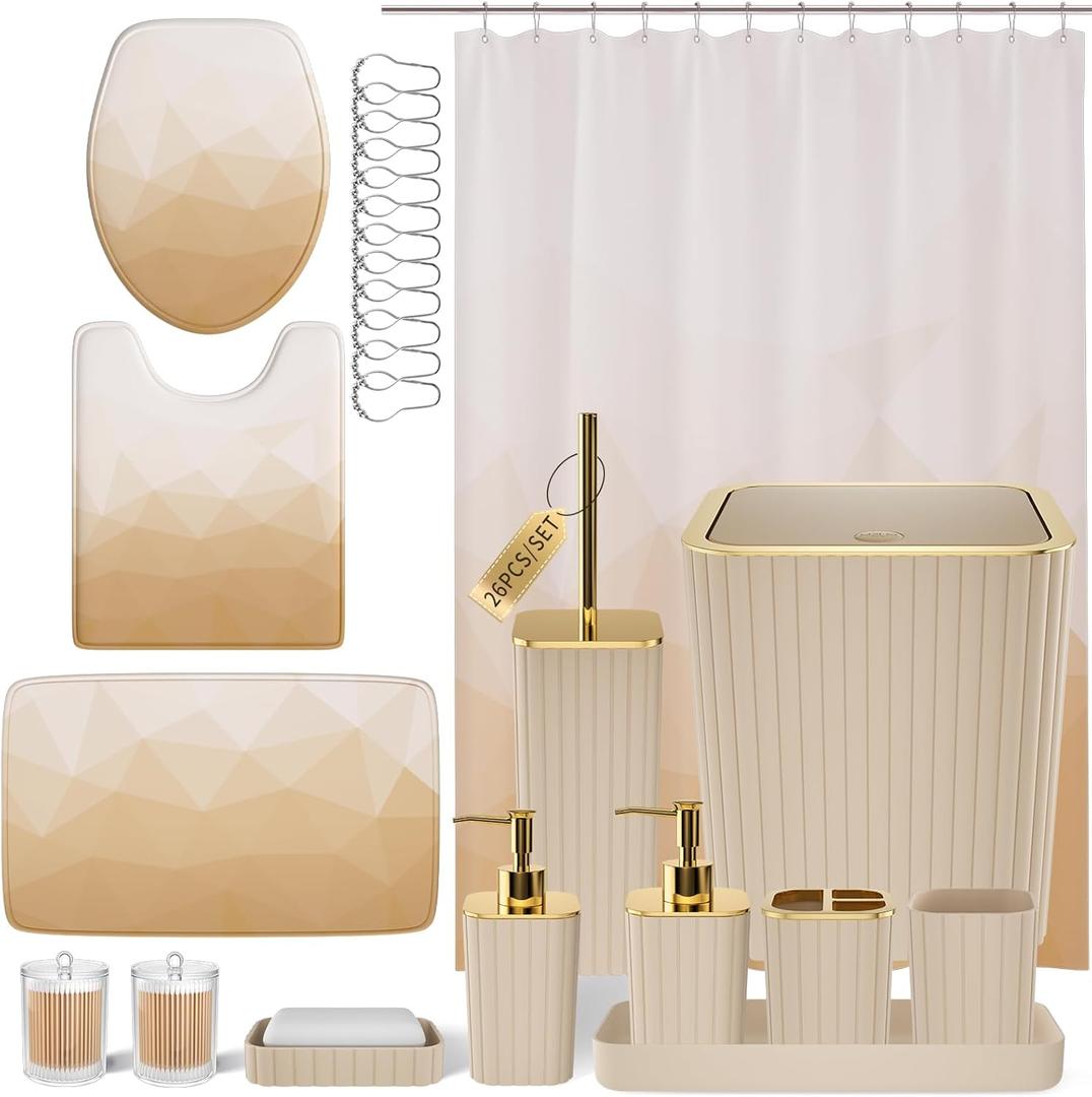 XLHOMO Bathroom Accessory Set - 26PC Bathroom Shower Curtain and Rug Set, Bathroom Accessories Set, Beige Bathroom Set with Trash Can, Toilet Brush, Qtip Holder & Soap Dispenser