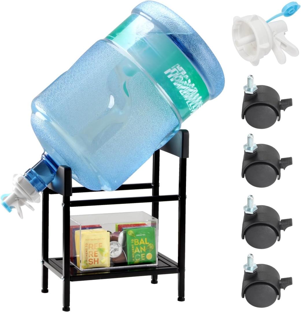 Metal 5 Gallon Water Jug Stand Dispenser with Shelf, Water Stand Drinking Water Cooler Rack with Water Valves and Lockable Casters, Heavy Duty Water Bottle Dispenser Water Rack for Countertop