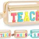 Pinkunn Chenille Letter Bag Clear Makeup Pouch Cute Preppy Patch Cosmetic Bag with Zipper Nylon Waterproof Portable Travel Purse Toiletry Organizer for Teacher Appreciation Gift(Cream White,Teach)