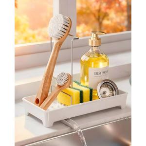 Plastic Sink Caddy, Rustproof Sponge Holder for Kitchen Sink with 304 Stainless-Steel Brush Holder, Countertop Rack Organizer with Raised Ridges & Silicone Drain Tube (Cream White, Large)