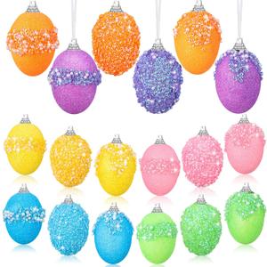 18 Pcs Easter Ornaments Colorful Foam Hanging Egg Ornaments Glitter Hanging Eggs for Easter Tree Decoration Spring DIY Crafts(Bright Color)