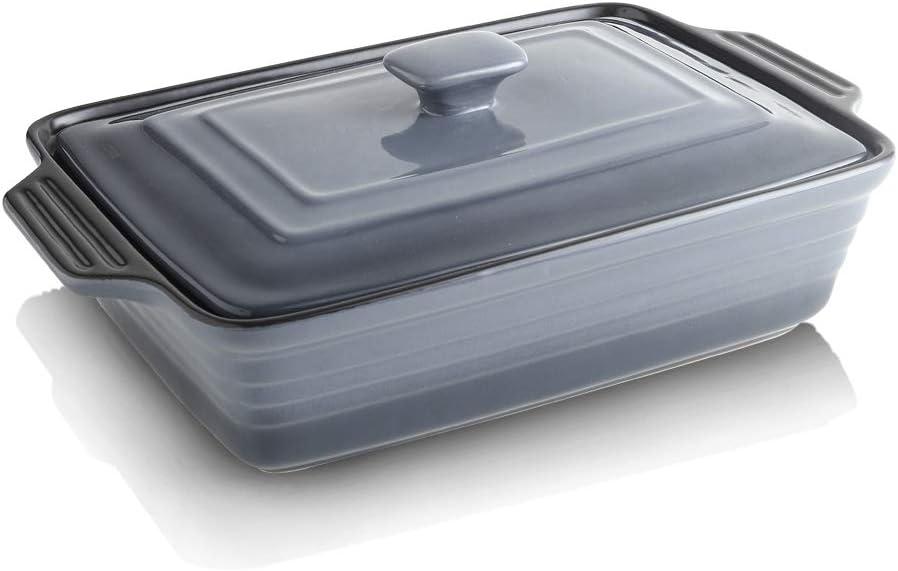Ceramic Casserole Dish with Lid, Covered Rectangular Casserole Dish Set, Lasagna Pans with Lid for Cooking, Baking dish With Lid for Dinner, Kitchen, 9 x 13 Inches, Reactive Glaze (Gradient Grey)