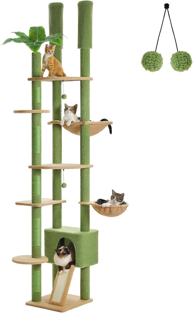 PEQULTI Tall Cat Tree, Floor to Ceiling Cat Tree Tower Adjustable [90.5''-100.4''=230-252CM] with Cat Condo, Cat Hammock and Scratching Post, Climbing Tree for Indoor Large Cats, Green