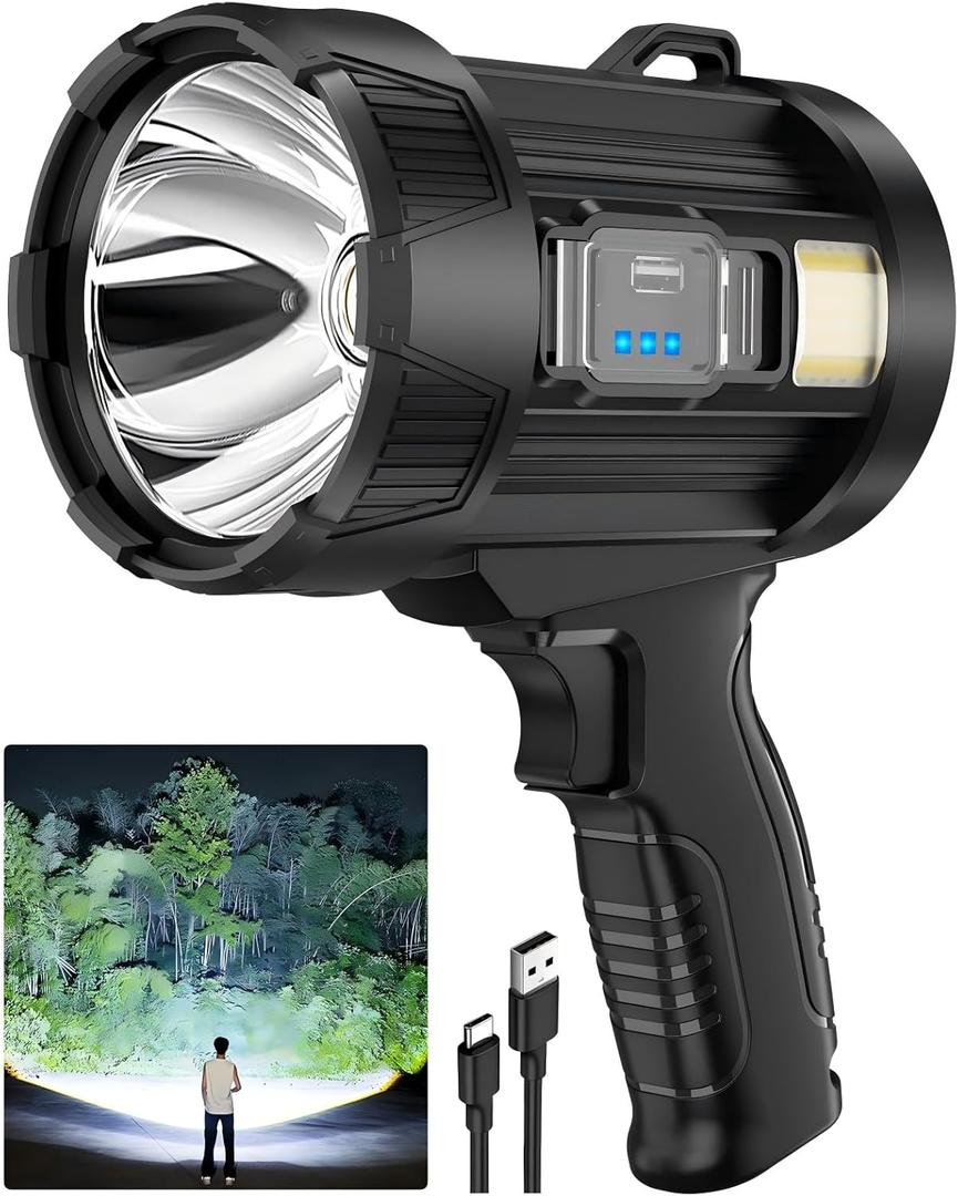1,000,000 Lumens Rechargeable Spotlight Flashlight, Super Bright Handheld LED Spot Light with Solar Panels, COB Light & 3 Color Filters, IPX5 Waterproof for Camping, Boating, Home