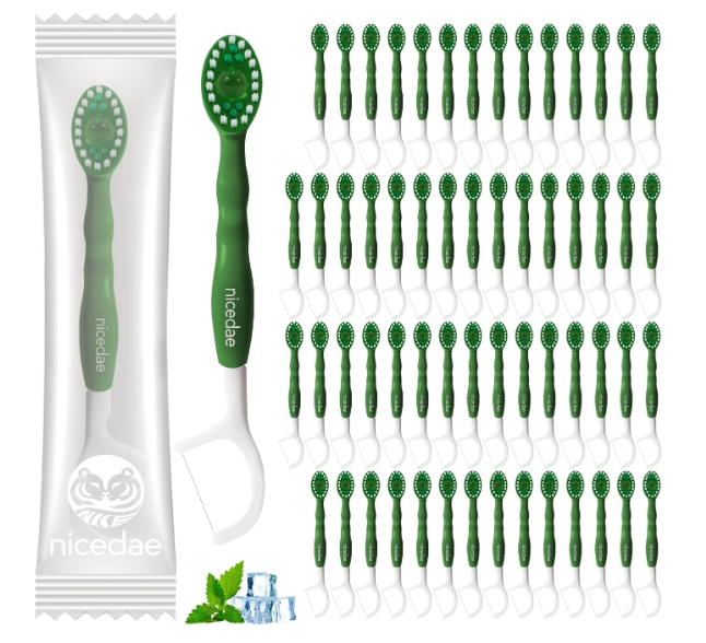 nicedae Disposable Mini Travel Toothbrush Bulk with Toothpaste 5in1 60Ct Portable Toothbrushes Set Floss Pick Tongue Scraper Cruise and Travel Essentials (Green)