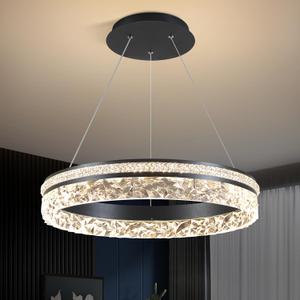 Modern LED Chandelier 1 Ring 19.7in Pendant Lighting for Kitchen Island 50W Dimmable LED Pendant Ceiling Light Black Hanging Light Fixtures with Remote for Kitchen Dining Room Bedroom Living Room