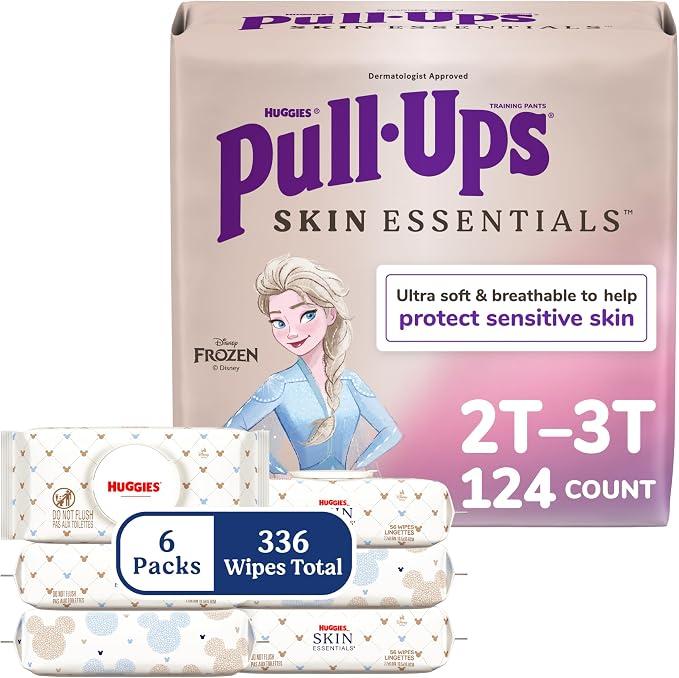 Pull-Ups & Huggies Skin Essentials Bundle: Pull-Ups Skin Essentials Training Pants for Girls, Size 2T-3T (16-34 lbs), 124 Count (4 Packs of 31) & Huggies Skin Essentials Baby Wipes, 6 Packs, 336 Count