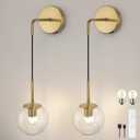 Battery Operated sconces Set of 2 Glass Globe Rechargeable Wall Light Fixture Wireless Wall Lights with Clear Glass Shade for Living Room, Hallway, Bedroom(2 Pack) (3000k,Suspension)