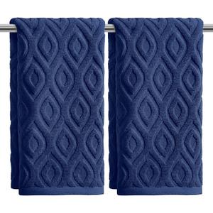 Artoid Mode 2 Pcs Navy Blue 3D Diamond Grid Jacquard Hand Towels for Bathroom, 100% Cotton Soft Absorbent Bathroom Decor Towels, 13.7 x 29.5 Inch