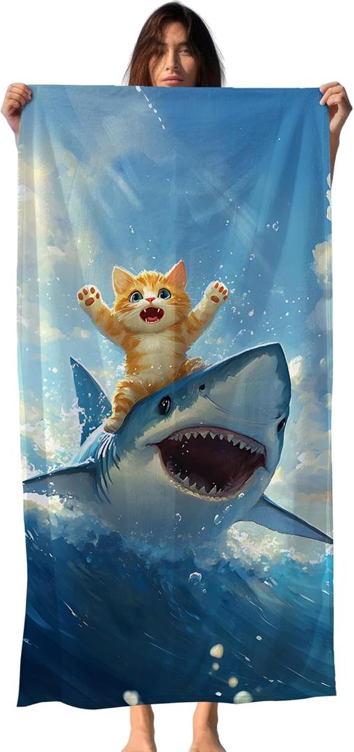 Funny Cat Shark Beach Towel, Coastal Ocean Cats Pool Towels, Cat Shark Lovers Gifts Large Beach Bath Travel Towels for Kids Girls Boys, Funny Cats Sharks Bathroom Accessories Decor, 30x60in