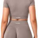 TAYOEA Crop Tops Workout for Women Yoga Short Sleeve Shirts Seamless V-Neck Gym T Shirts with Built in Pads (Brown, S)