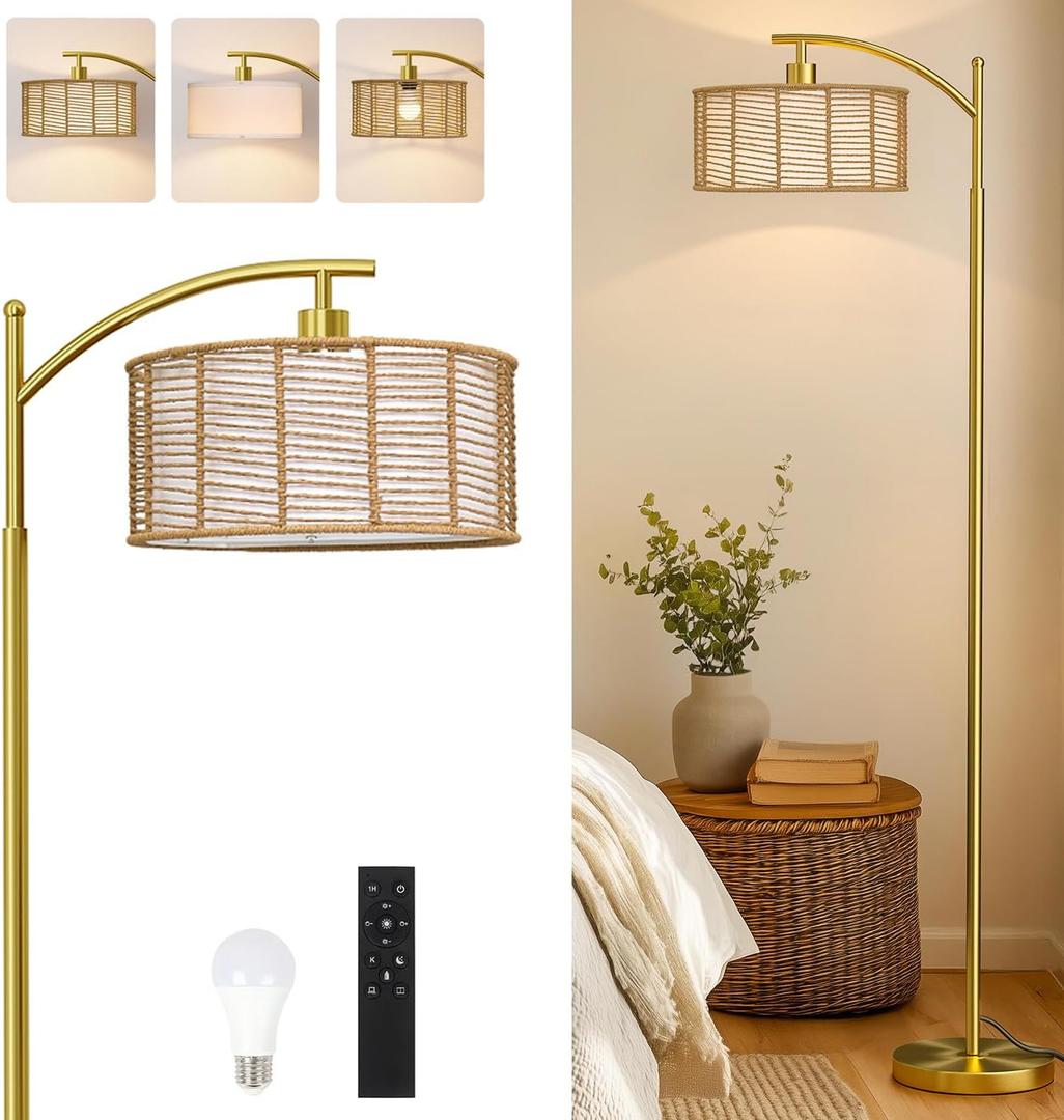 Oneach 62.5'' Gold Arc Floor Lamp for Living Room, Rattan Boho Floor Lamp with Remote and Dimmable Bulb, 3 Color Temperatures, Farmhouse Rustic Modern Standing Lamp for Bedroom Office Corner