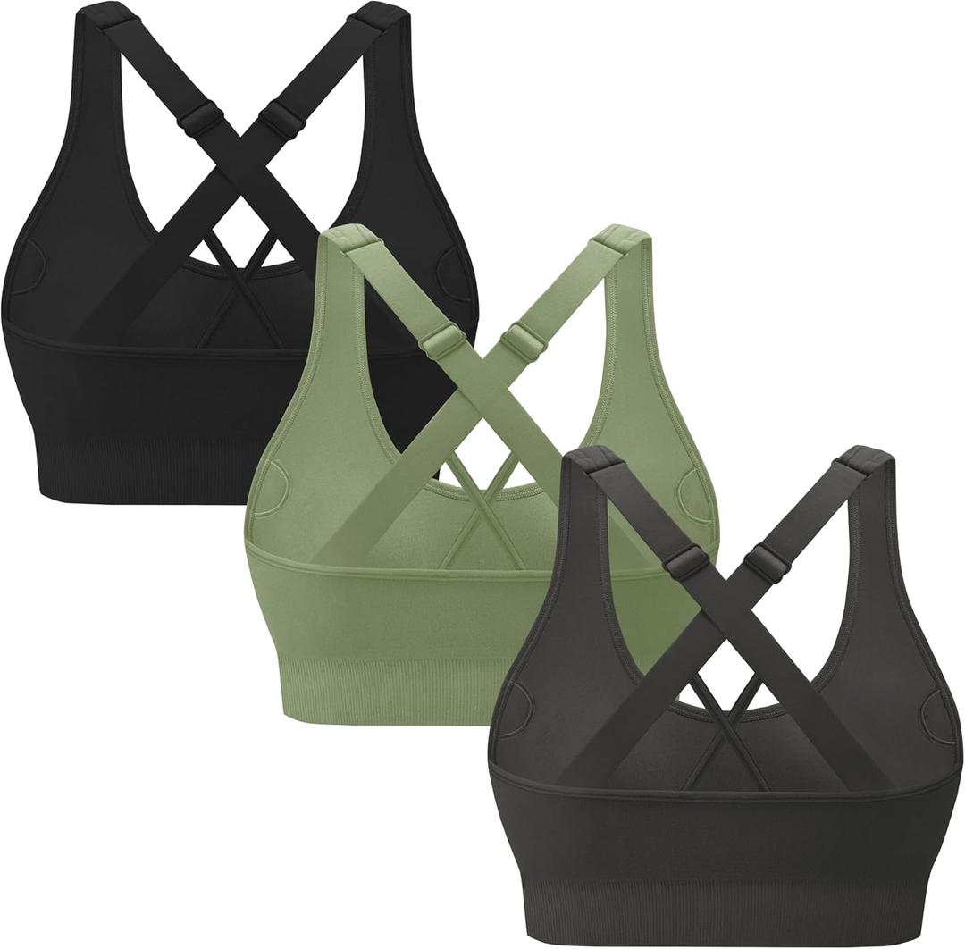 3-Pack Criss-Cross Strappy Sports Bras for Women - Padded High Impact Seamless Yoga Exercise Athletic Bra (XX-Large, Color 4)