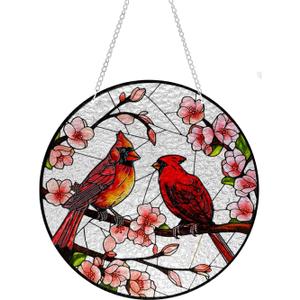 Cardinal Window Hanging Suncatcher, 10 Inch Acrylic Panel with Metal Chain, Indoor Wall Art Decor, Bird Theme Gift (Red)