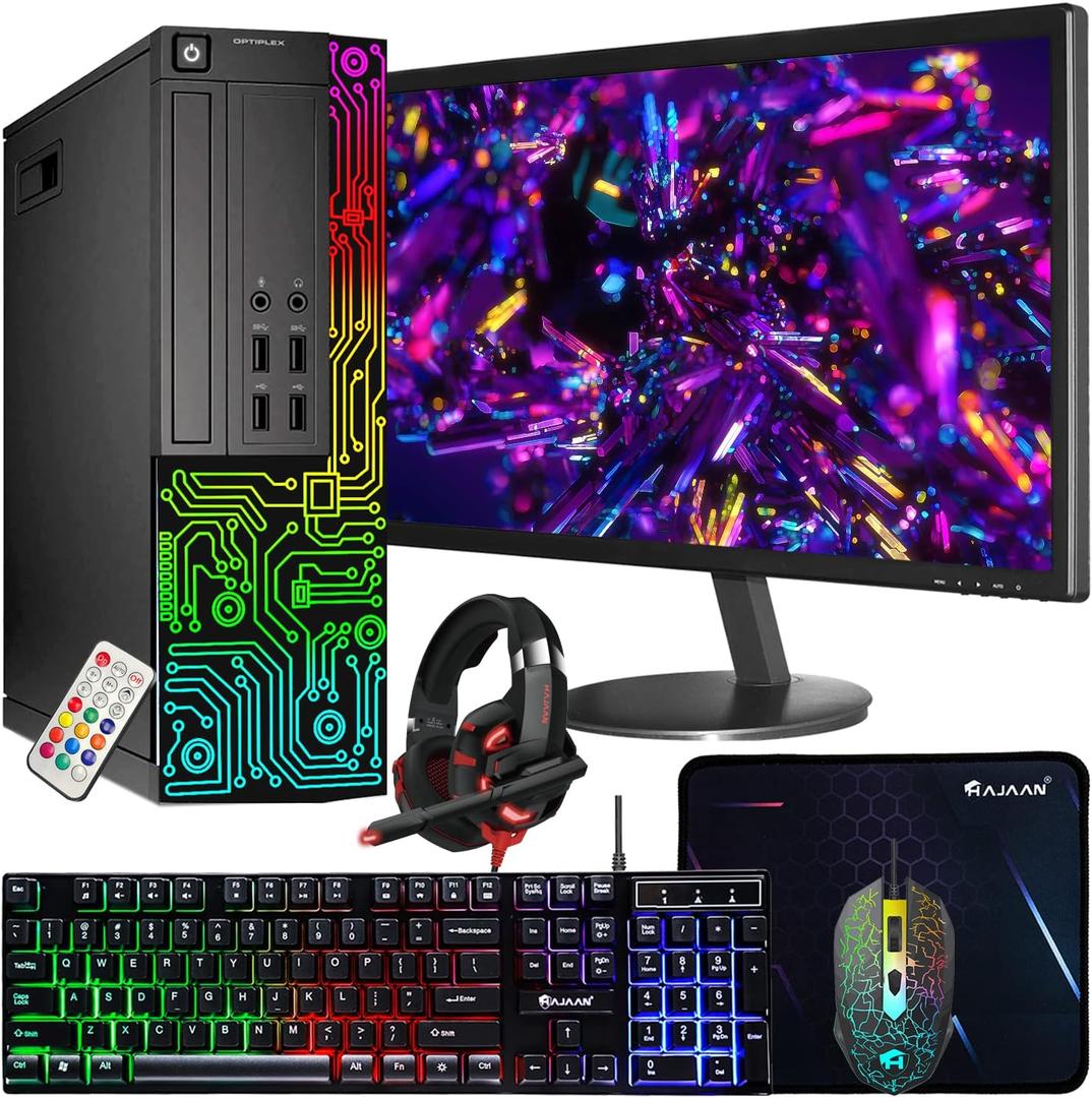 Dell OptiPlex Desktop RGB Computer PC, Intel Core i7 Processor, 16GB RAM, 512GB SSD, 24 Inch HDMI Monitor, RGB Keyboard Mouse and Headset, WiFi, Windows 11 Pro 