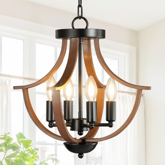 Farmhouse Chandelier,4-Light Modern Hanging Pendant Lighting,Rustic Vintage Ceiling Chandelier Light Fixture for Hallway Foyer Dining Room Entryway Kitchen Island Bedroom (Walnut)