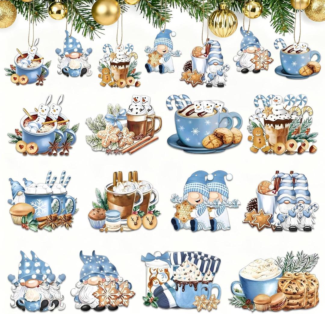 2 x Blue Christmas Decorations Winter Gnomes Wooden Hanging Ornaments 24PCS Vintage Dessert Hot Chocolate Mug & Sweet Treat Crafts with Ropes for Xmas Tree, Winter, Home, Party