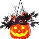 BlcTec Halloween Pumpkin Lights, 10 inch Lighted Big Jack-O-Lantern with Maple Leaves, Berries, Twigs, Witch's Hat, Battery-Operated Premium Wood Pumpkin with Timer for Halloween Decorations, Style C