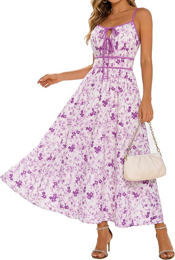 GRACE KARIN 2026 Women's Summer Maxi Dresses, Tie Front Floral Boho Dress, Spaghetti Strap Sundress with Pockets, Small