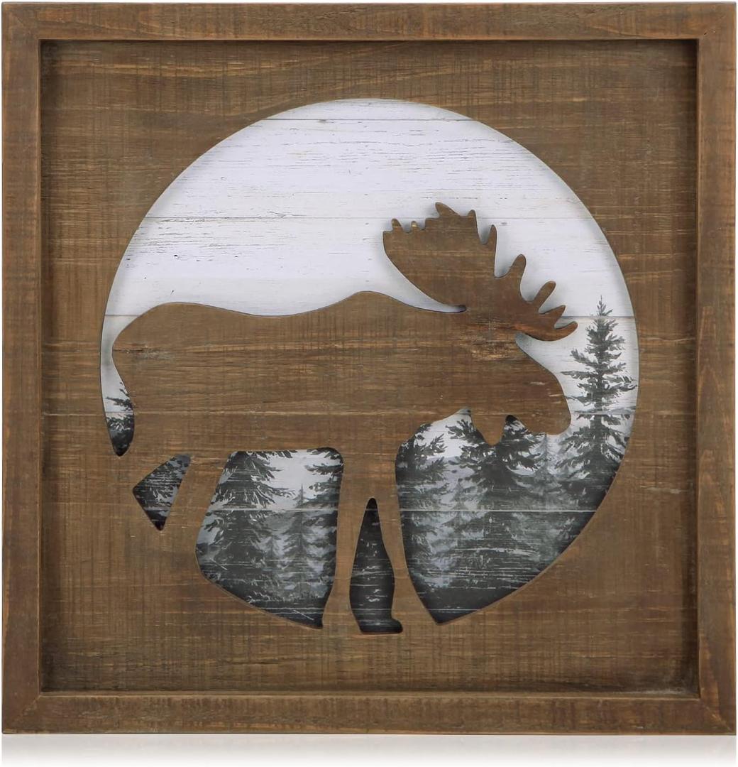 NIKKY HOME Rustic Wood Cabin Decor with Moose - Woodland Rustic Wall Decoration for Home, Log Cabin, Hunting or Mountain Lodge, Wooden Pictures Animal Theme Decor