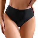 Women's Sexy High Waisted High Cut Cheeky Thong Bikini Swimsuit Bathing Suit Bottoms (Medium, Black)