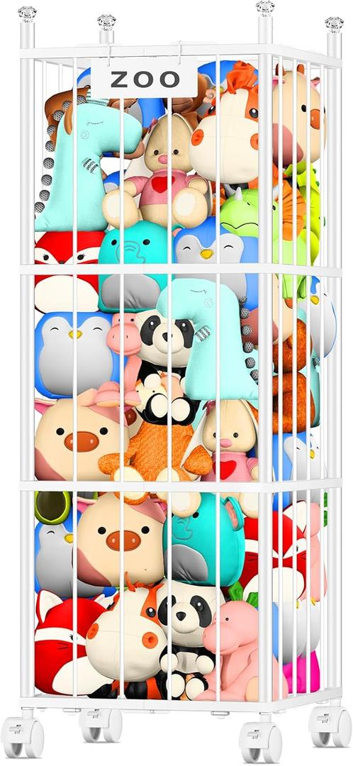 TomCare Extra Large Stuffed Animal Storage Metal Storage Organizer with 4 Lockable Wheels Space Saving Stuffed Animals Holder for Playroom Bedroom