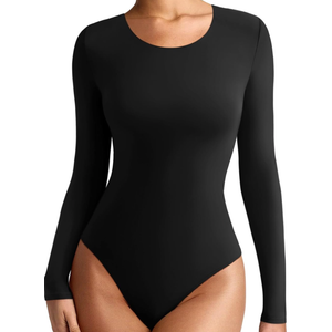 REORIA Womens Long Sleeve Bodysuits Fall Basic Round Neck Lightweight Double Lined Layering Slim Body Suit Tops, Size M